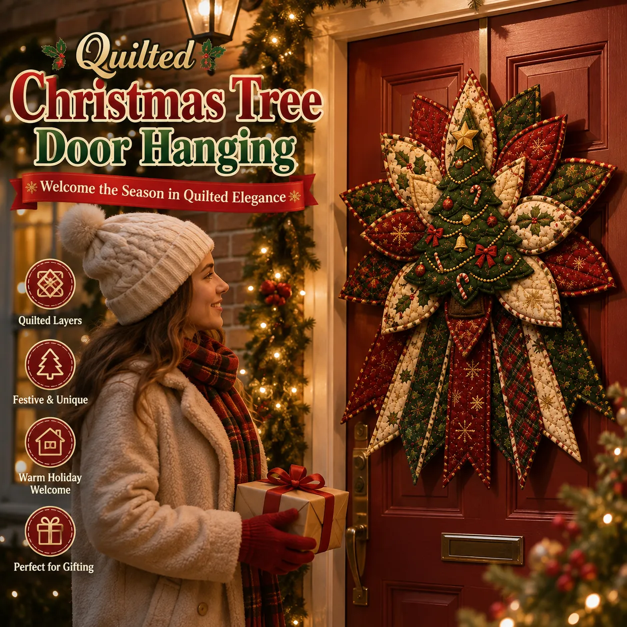 Layered quilted Christmas door hanger with rich fabric patterns