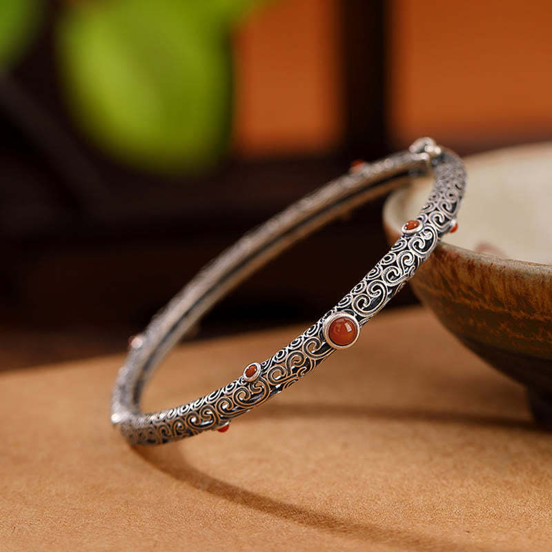 Vintage Tang Dynasty Flower Design Engraved Red Agate Copper Luck Bracelet Bangle
