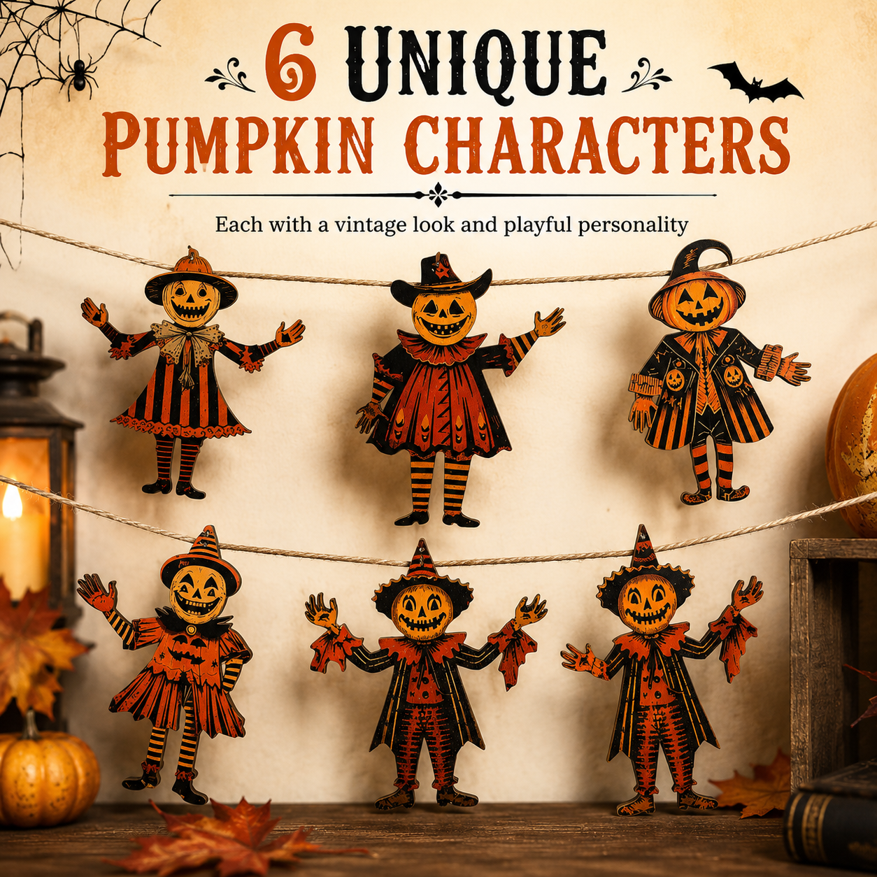 6-piece vintage wooden pumpkin character garland hanging main view