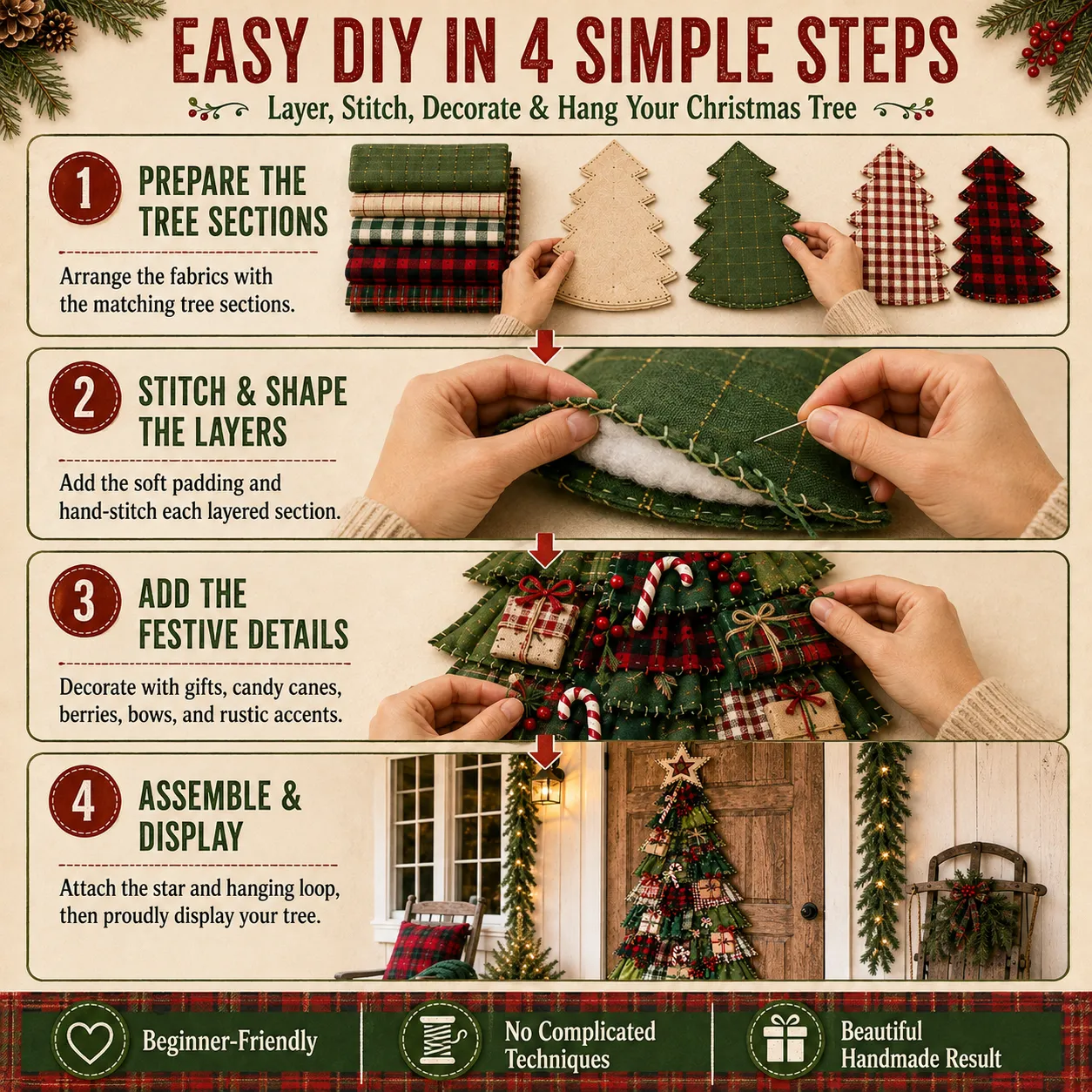 Four step assembly guide for DIY patchwork tree door hanging