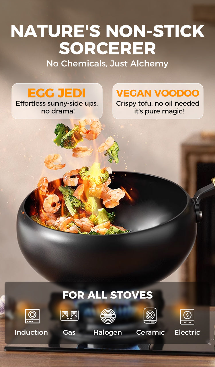 Seasoned uncoated iron wok compatible with multiple stove types