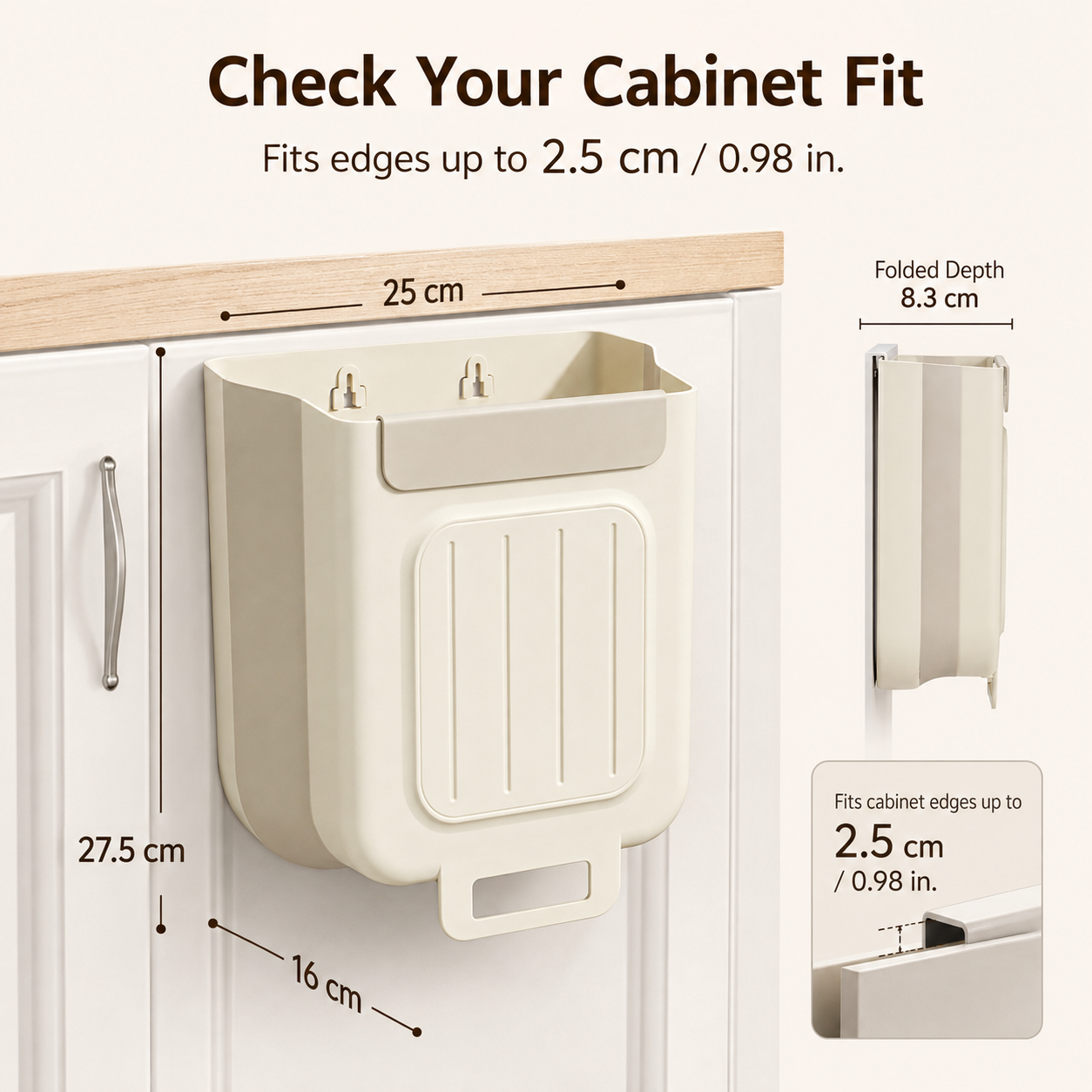 Collapsible hanging trash can for kitchen cabinet doors overview