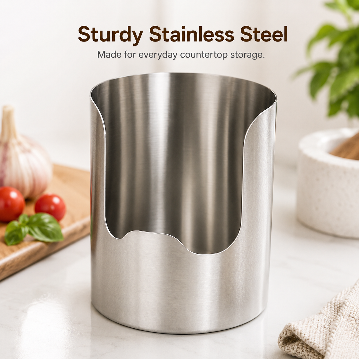Reaching into utensil holder front cutout while cooking