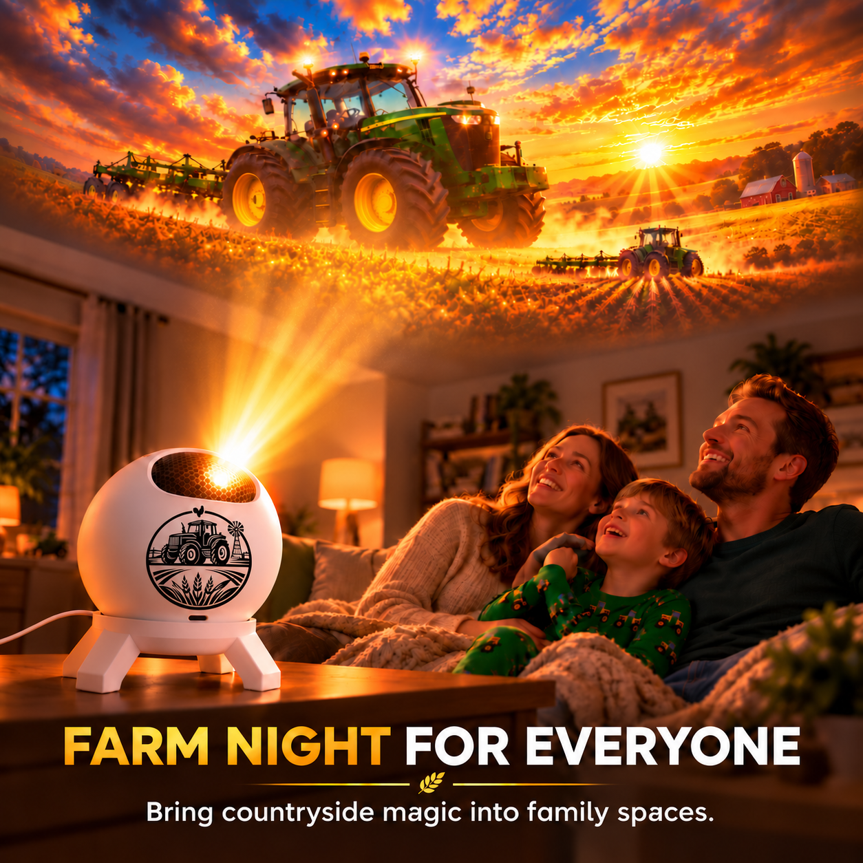 Compact round projector with tractor artwork matching farmhouse kids bedroom decor