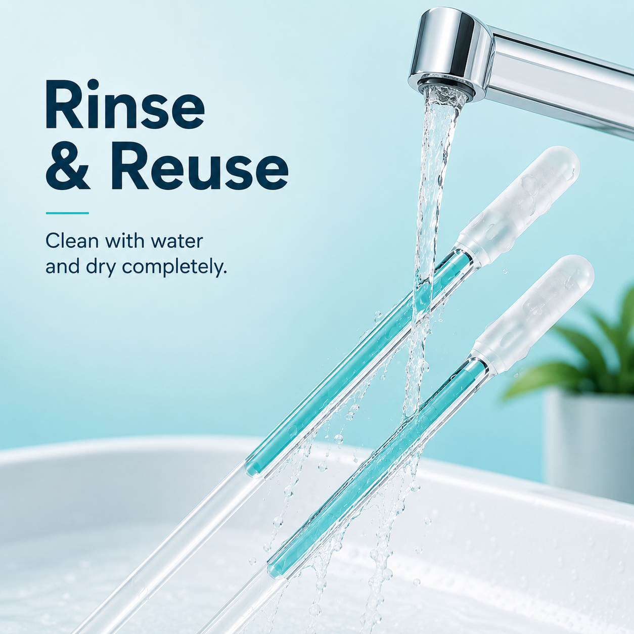 Rinsing reusable cleaning stick tip under water tap