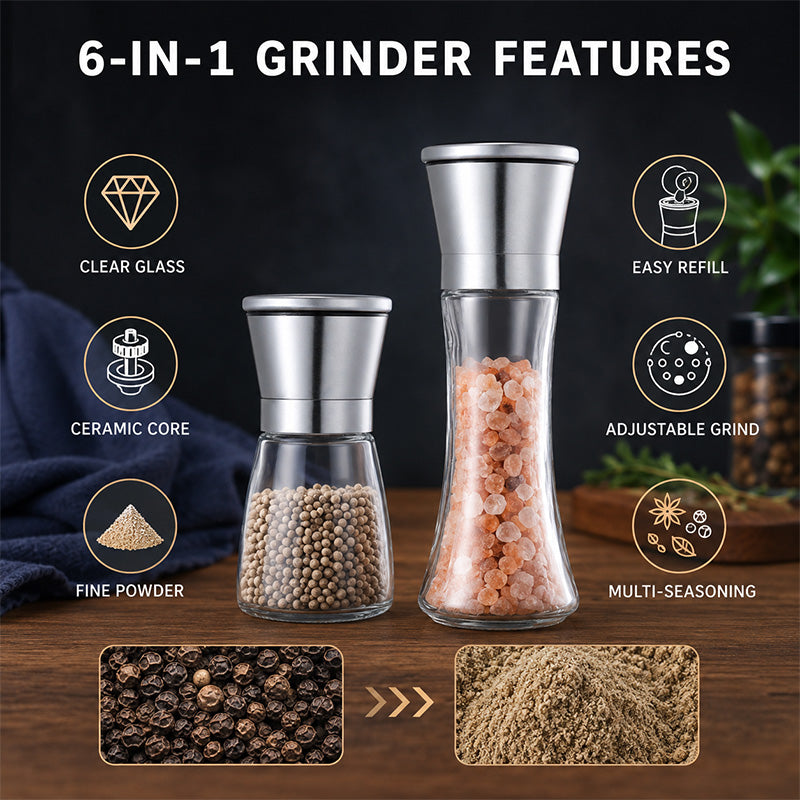 Freshly grinding black pepper onto steak and vegetables