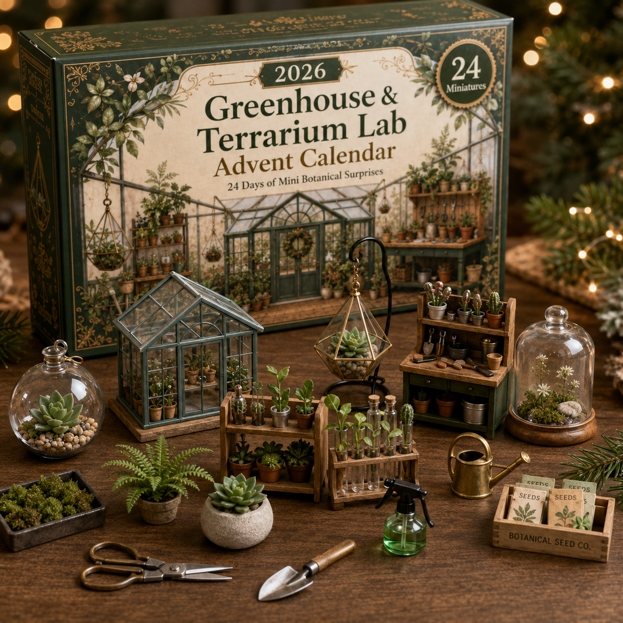 Miniature greenhouse terrarium and botanical lab scene