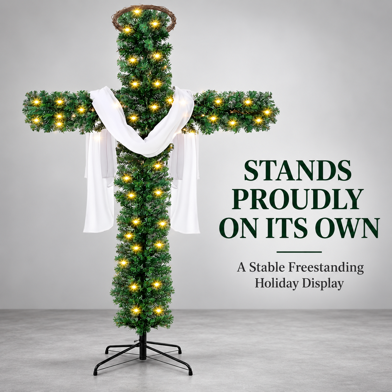 Elegant pre-lit cross decor by day and night