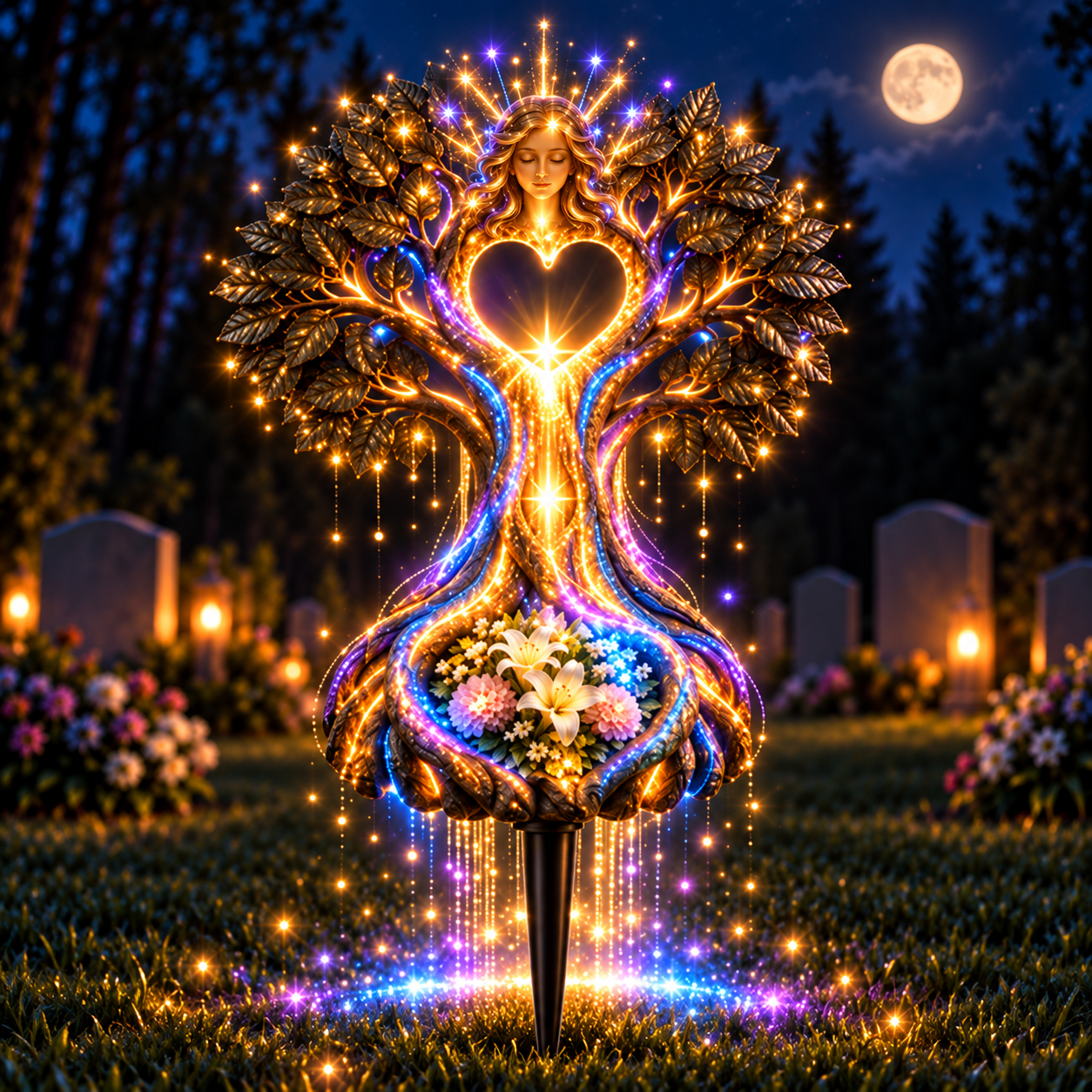 Guardian Heart Tree memorial solar garden light glowing at night