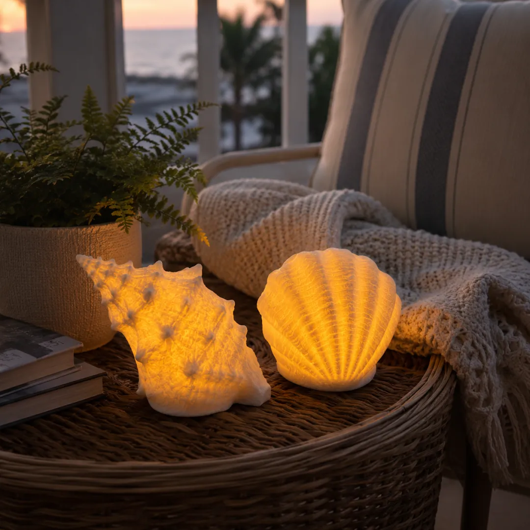 Coastal shell and conch lights glowing on an outdoor table at sunset