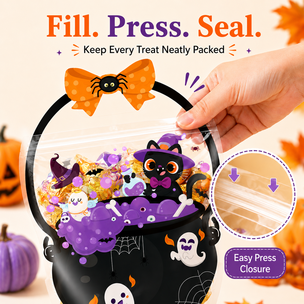 Halloween treat bag with built in handle and ziplock closure detail