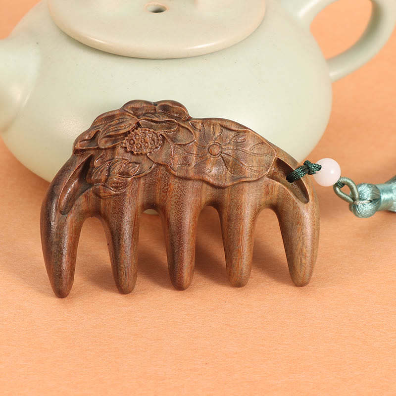 Green Sandalwood Plum Blossom Flowers Lotus Koi Fish Engraved Soothing Tassel Comb