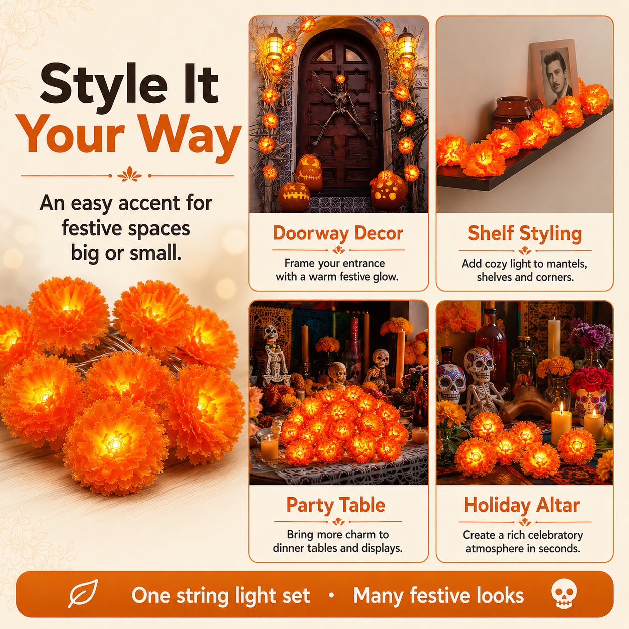 Marigold flower light styling ideas for doorway shelf party table and altar