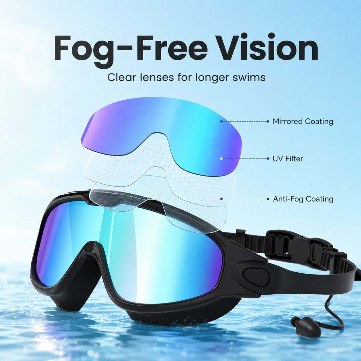 Mirrored swim goggles with UV400 sun protection
