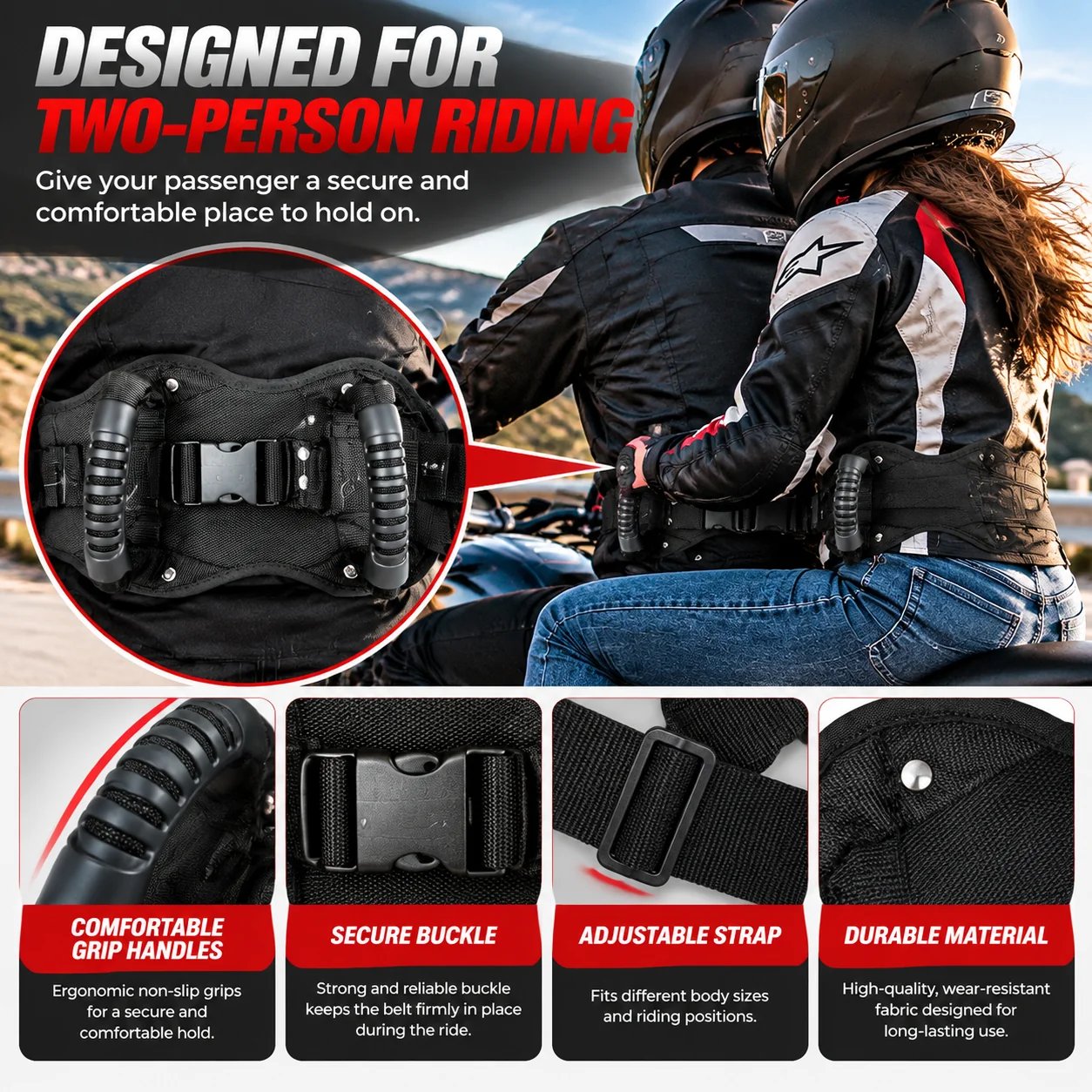 Motorcycle grab handle perfect for weekend rides and road trips
