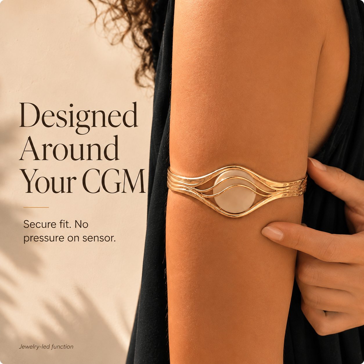 Close-up of bracelet designed around CGM sensor