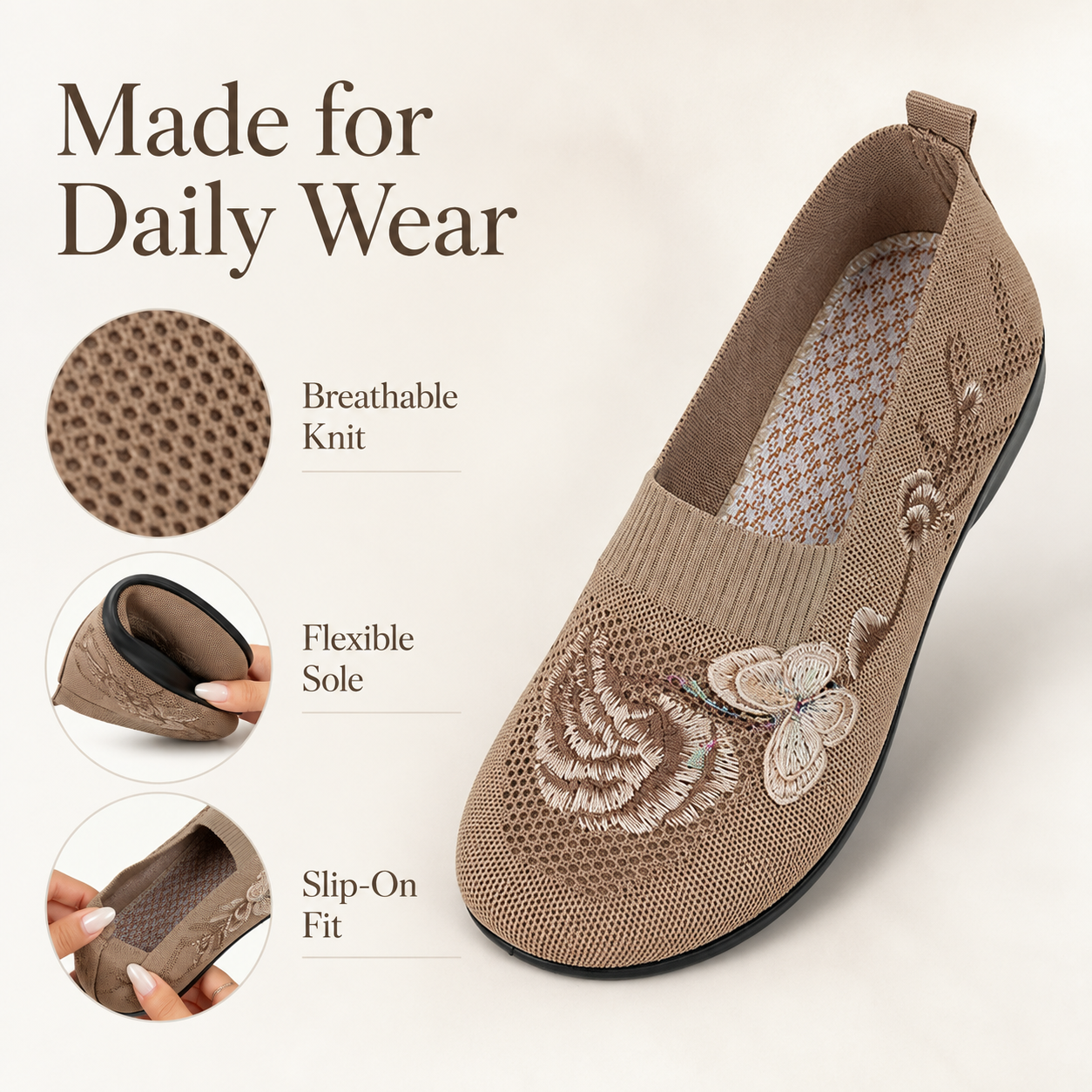 Breathable flexible knit shoe details