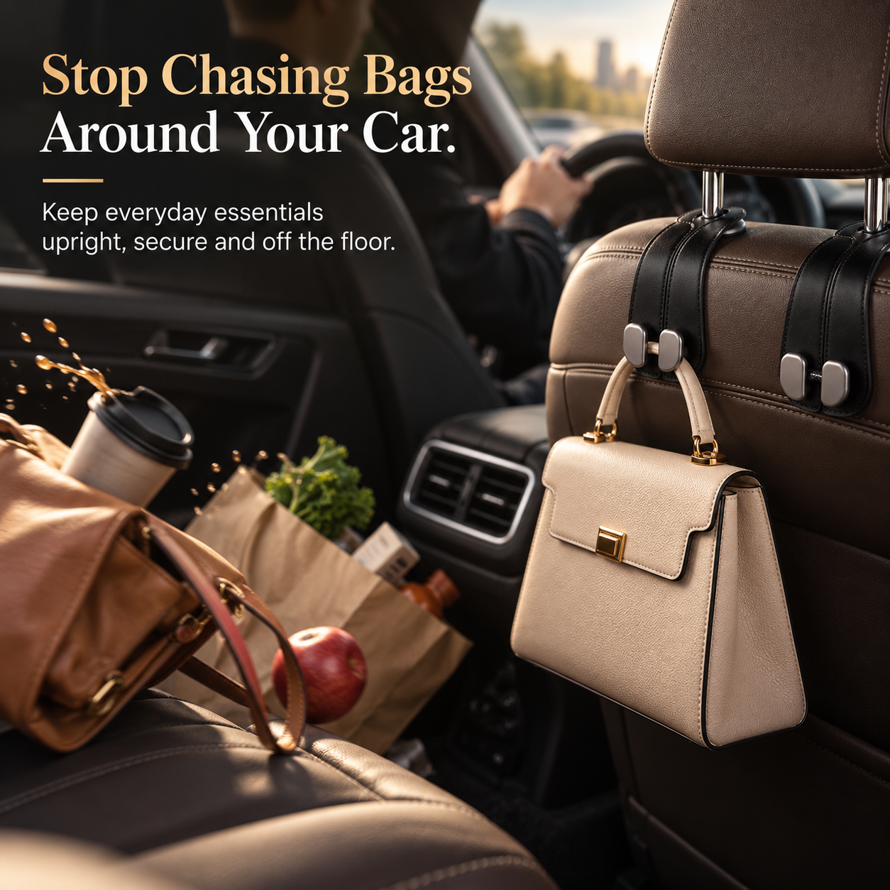 strong double metal car headrest hooks for handbags and groceries
