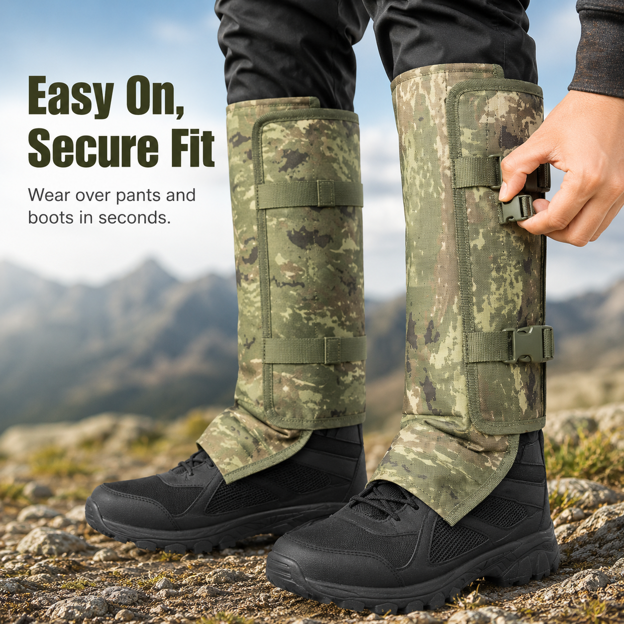 Hiker wearing snake gaiters walking through forest trail