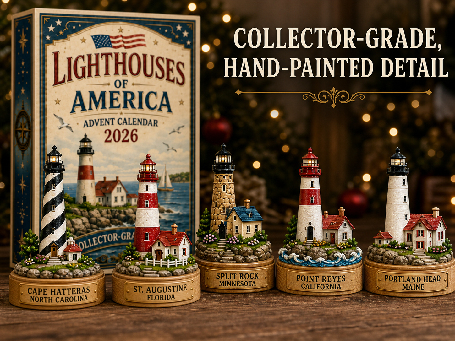 Close-up details of miniature lighthouse collectibles