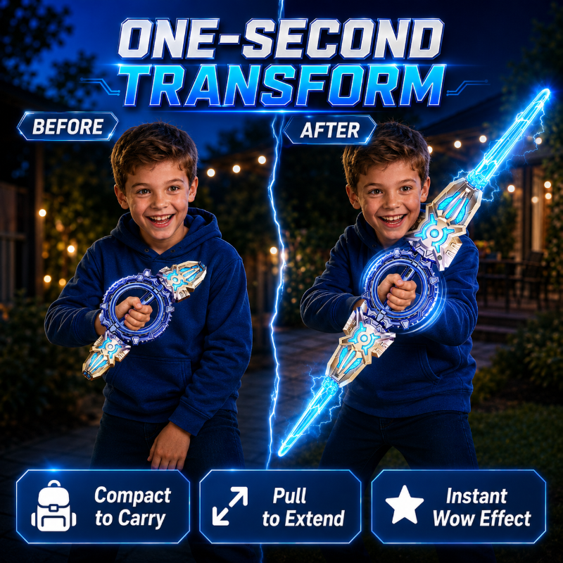 Toy sword extending from its compact form into two long blades