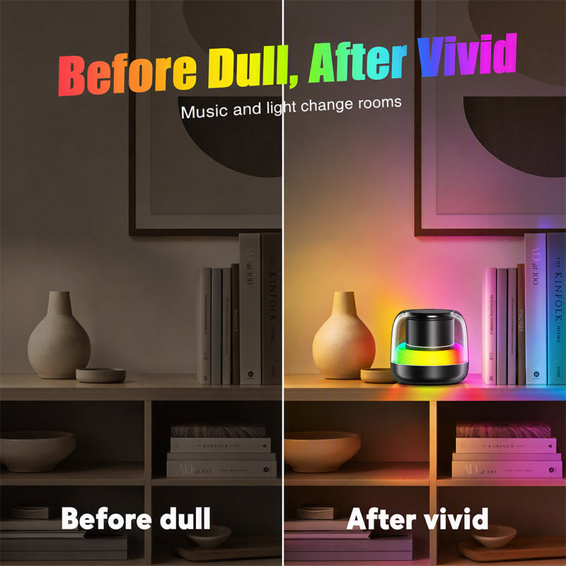 Before and after room setup with RGB Bluetooth speaker