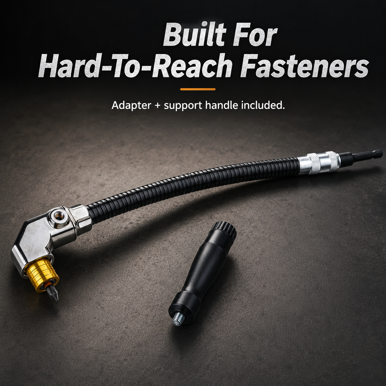 Flexible 90 degree right angle drill adapter with support handle overview
