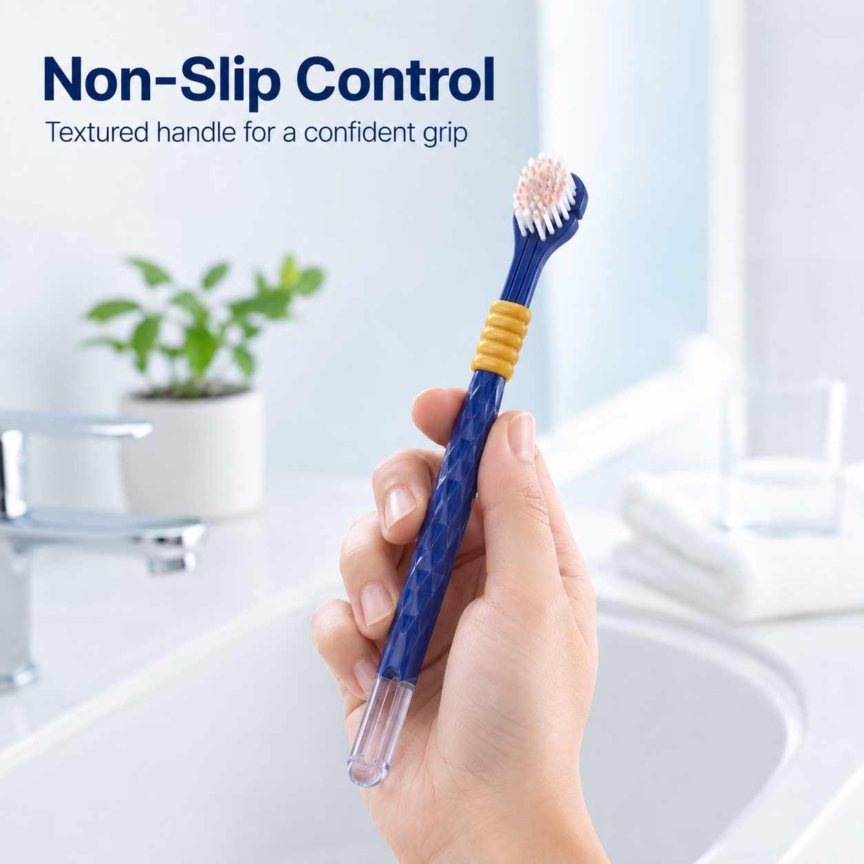 Raised tongue cleaner texture on the back of toothbrush
