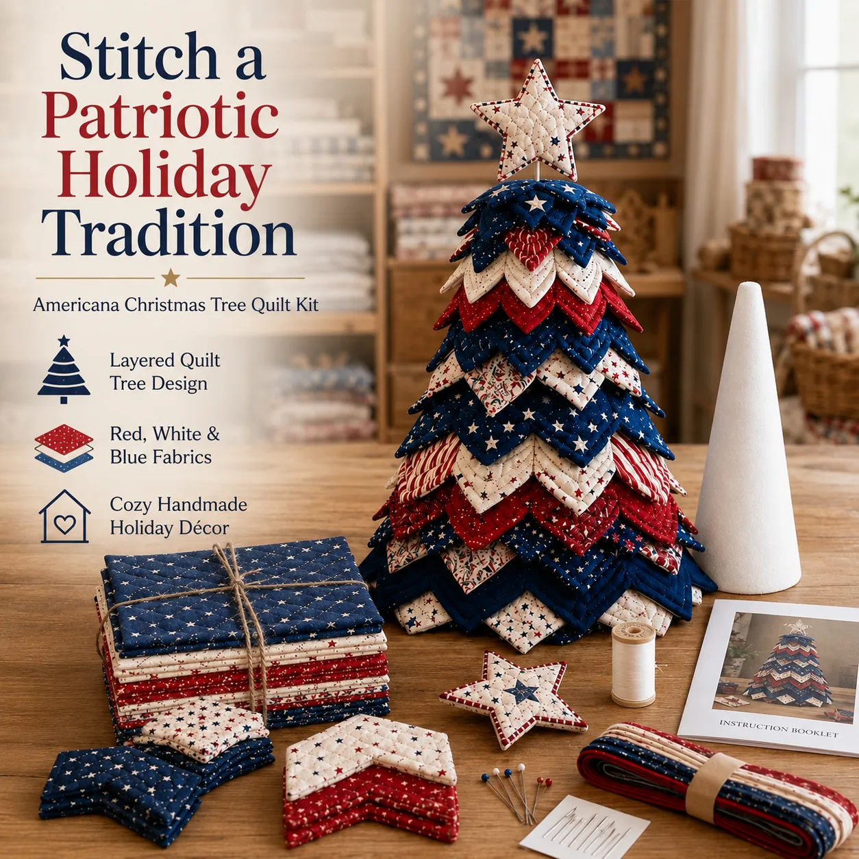 Americana themed Christmas tree quilt pattern display