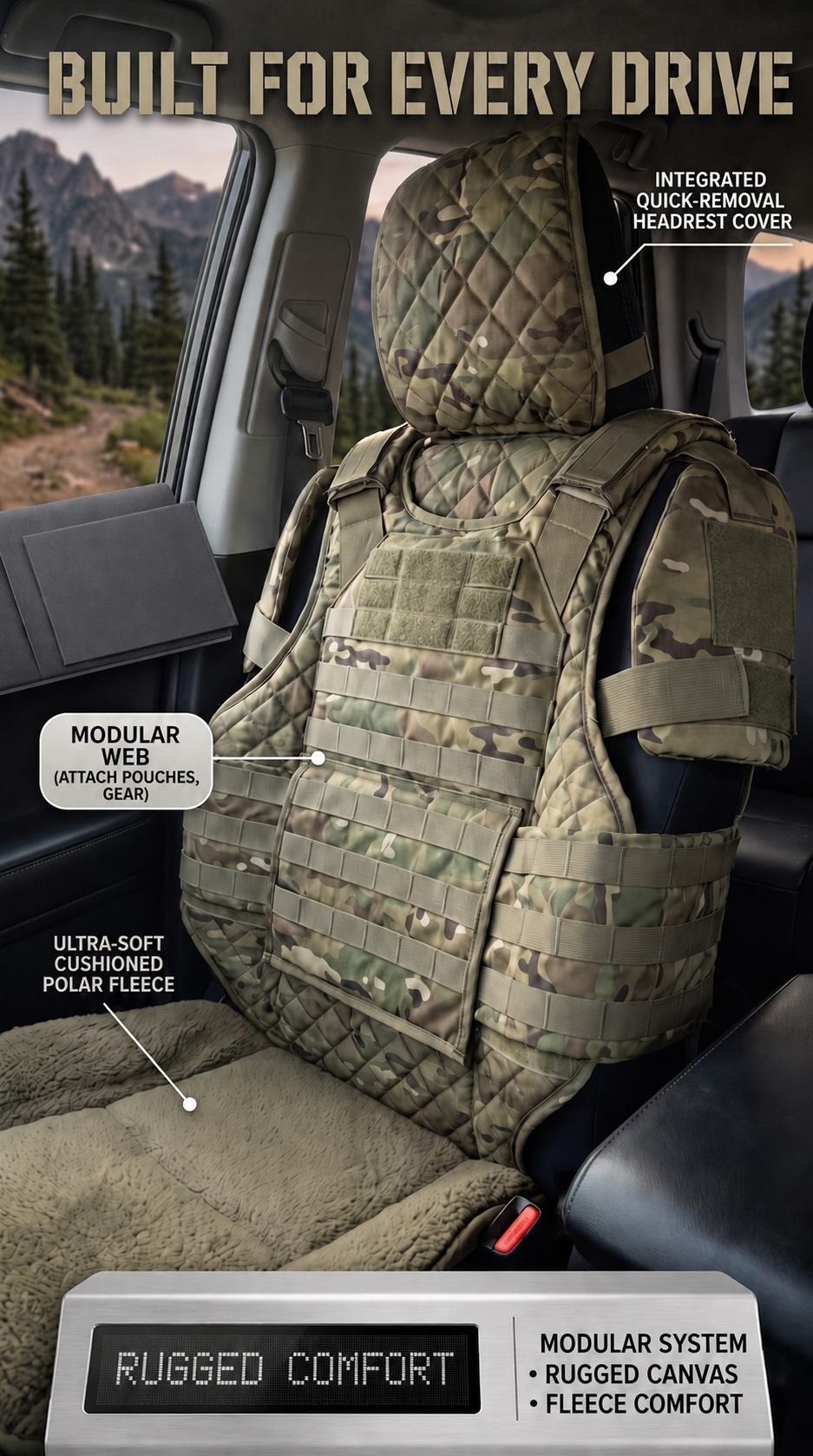 Camouflage tactical style seat cover installed in an off-road vehicle