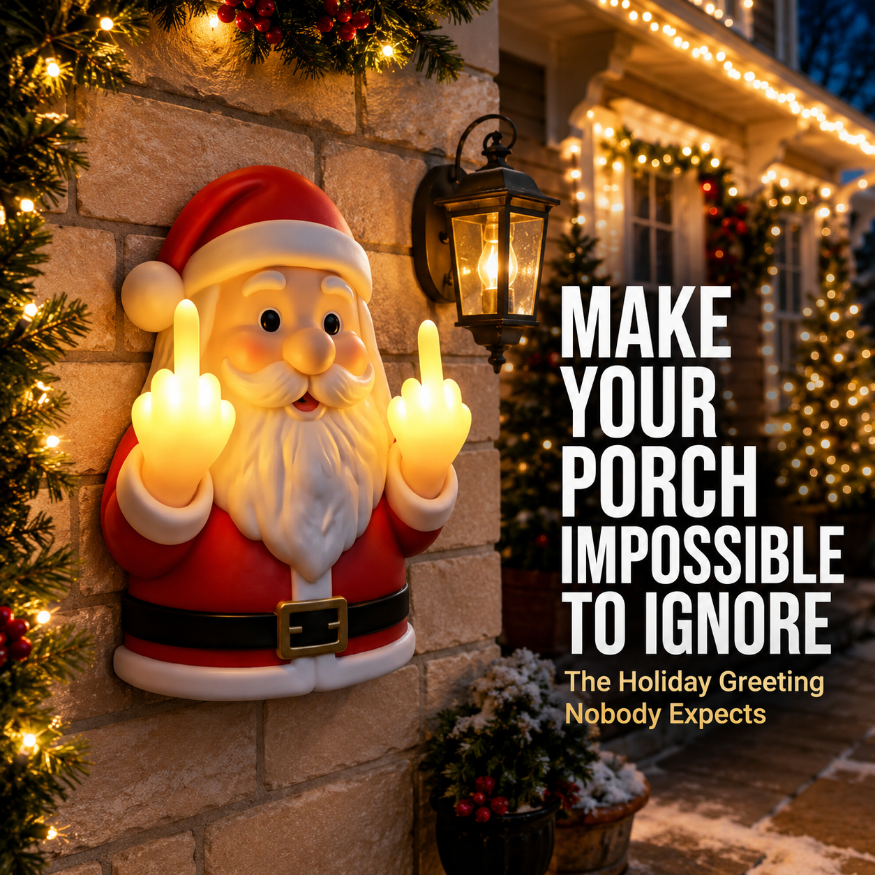 Cheeky Santa mounted on front porch exterior house wall