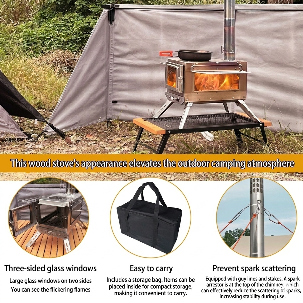 Removable top lid of the camping wood stove for direct flame cooking and boiling water.