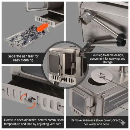 Key features of the stove: separate ash tray, foldable legs, air intake control, and removable lid.