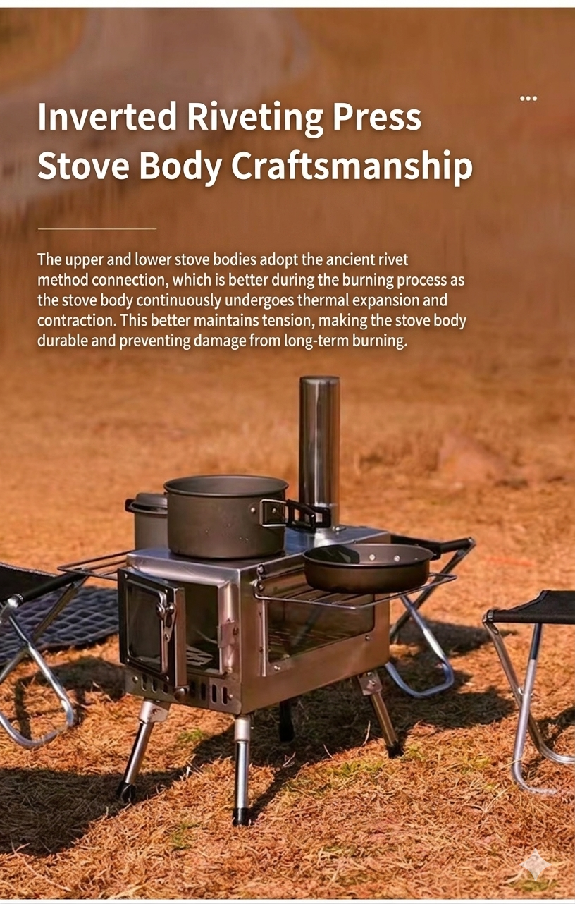 Easy-to-clean camping stove featuring a pull-out ash drawer for convenient waste disposal.