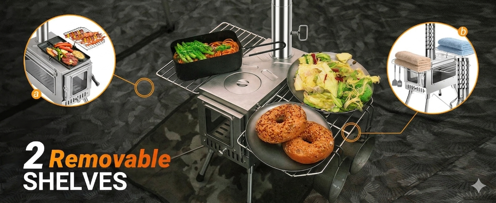 Wood stove with two removable shelves used for cooking food and drying items at camp.