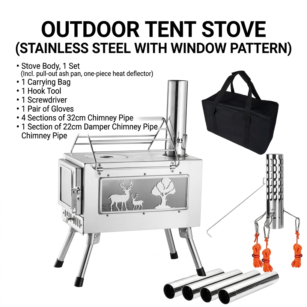 Wood burning tent stove with decorative glass and chimney spark arrestor for safety.
