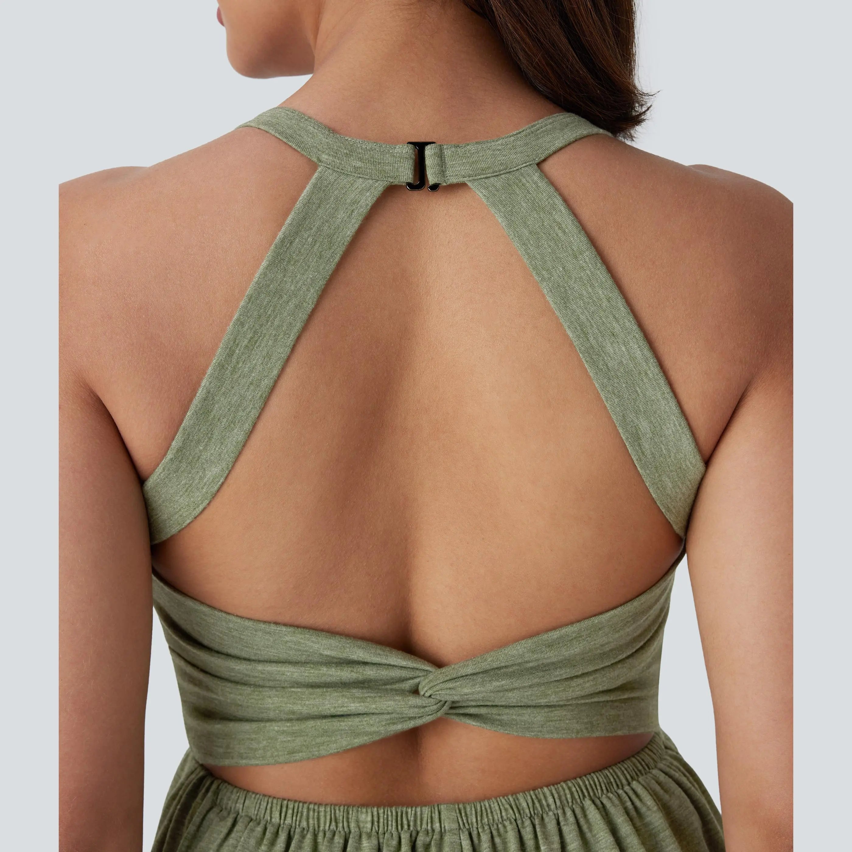 Twisted back resort romper detail