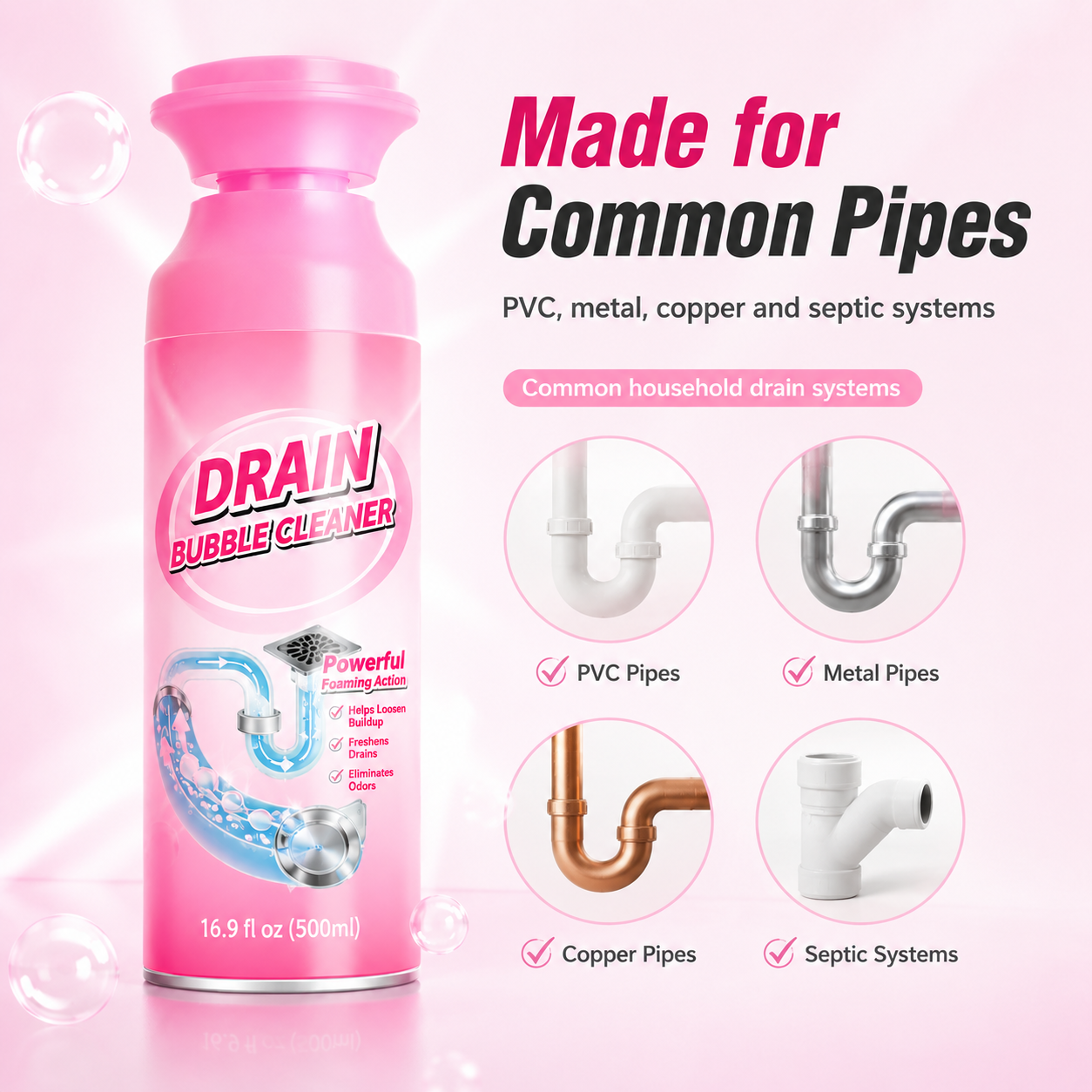 Foaming drain cleaner bottle dimensions and packaging overview