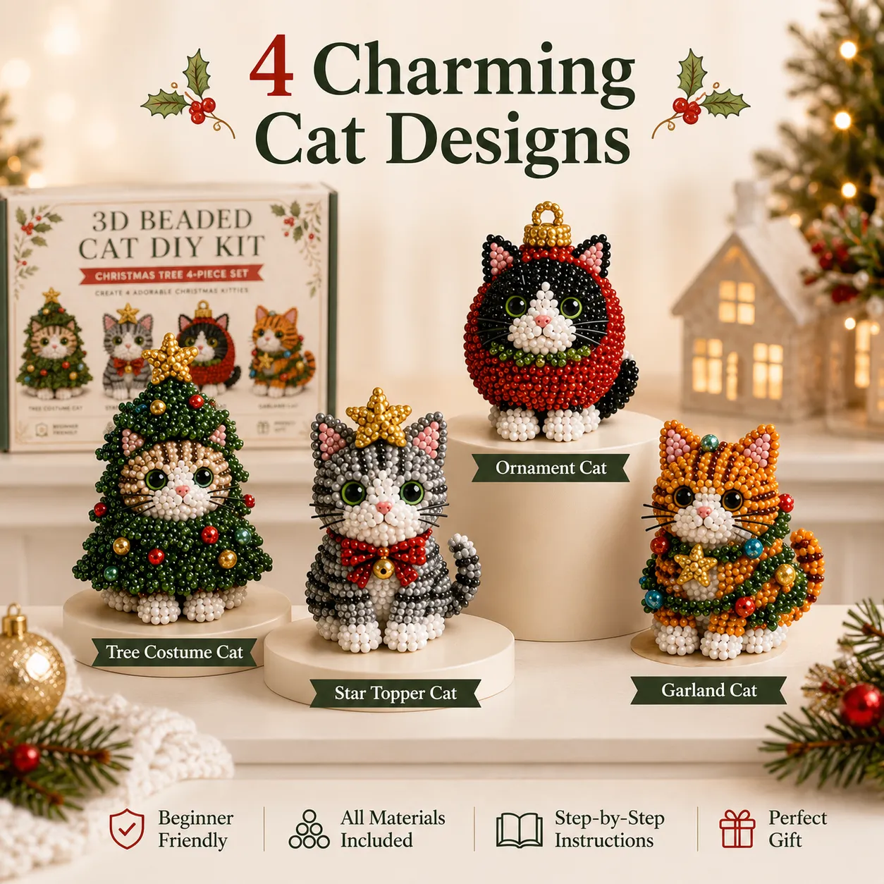 Detailed view of 4 Christmas cat beadwork designs