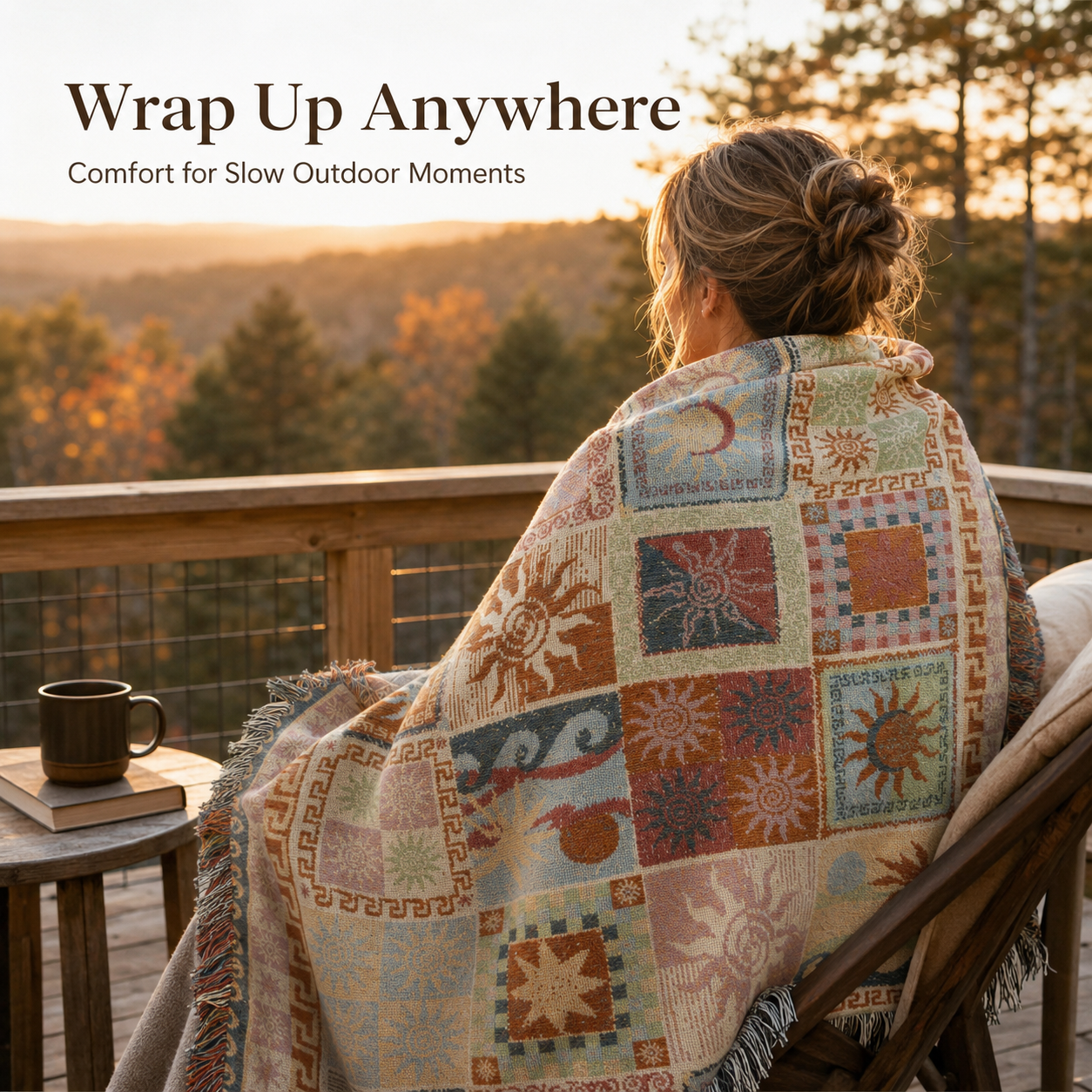 Woven throw blanket displayed on couch showing sun and moon artwork