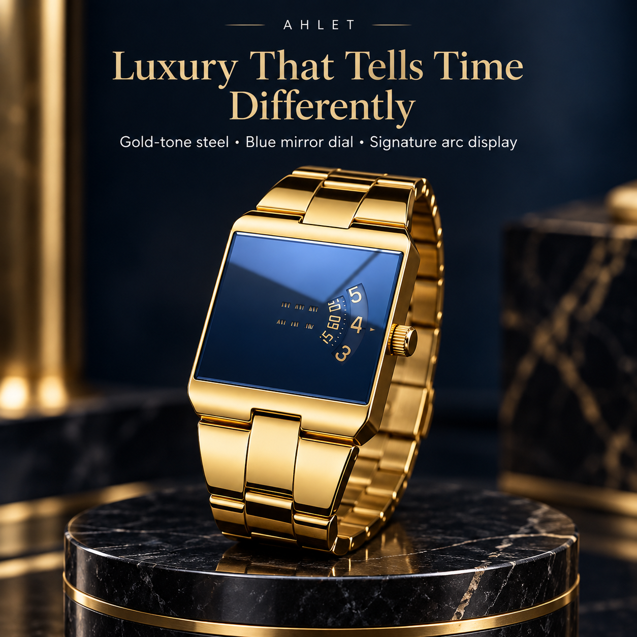 Ahlet square face men watch with deep blue mirror dial and gold finish