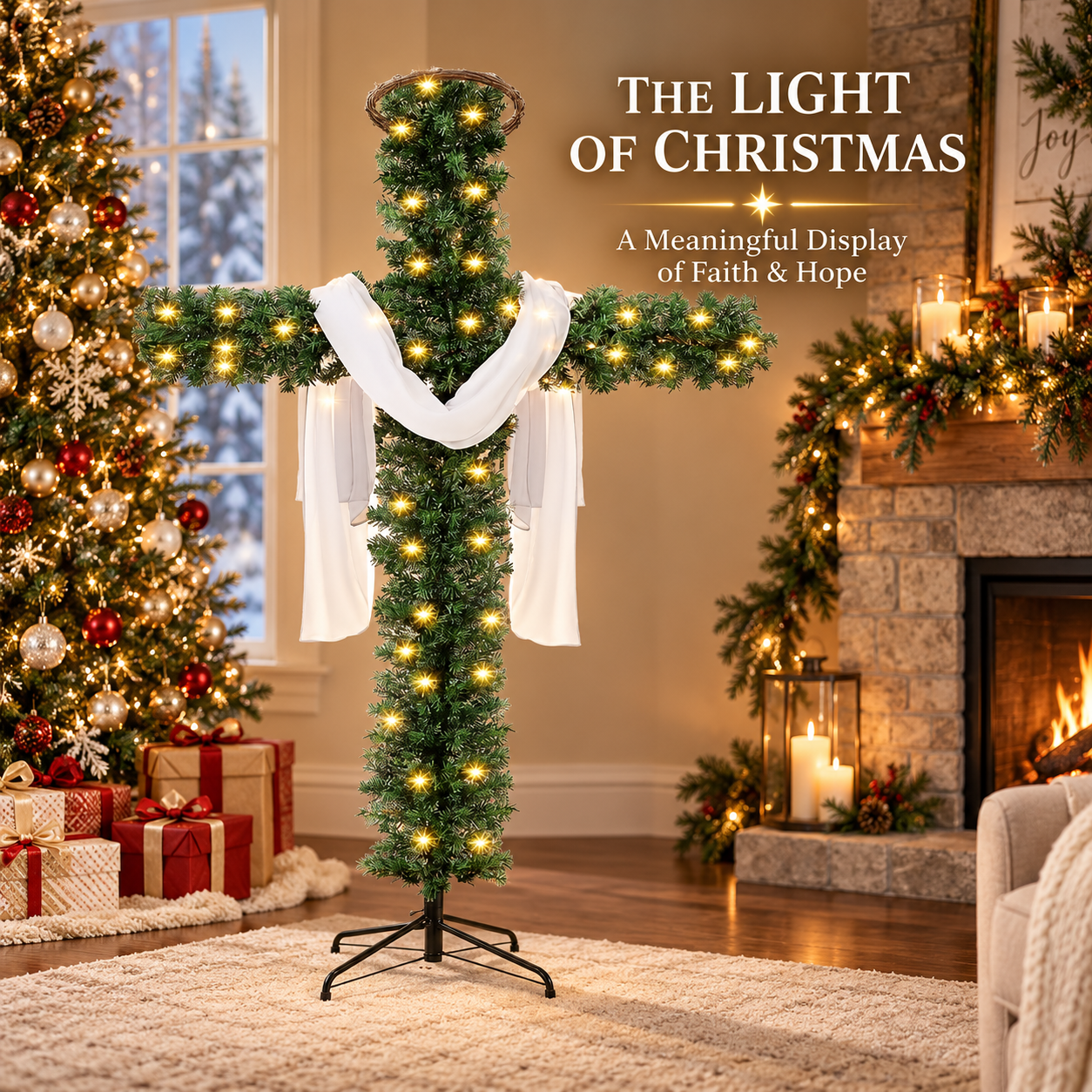 Christmas cross display with holiday decor