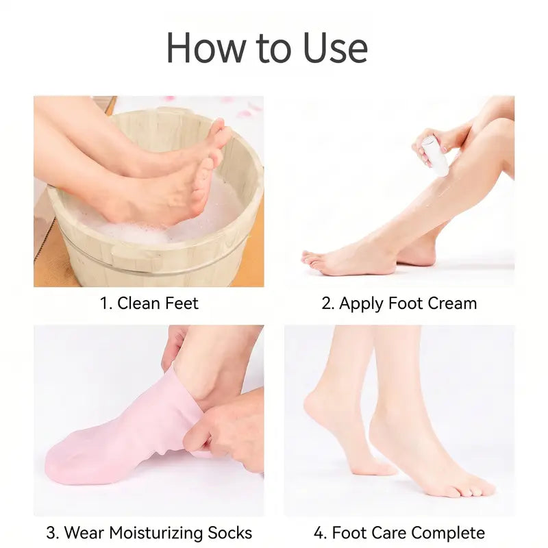 Four step routine for reusable silicone moisturizing foot socks home foot care