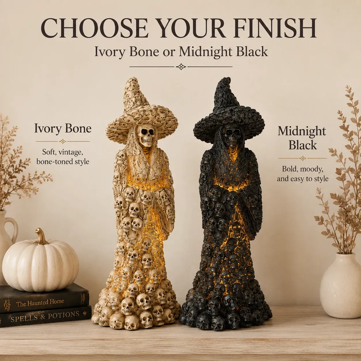 Ivory Bone and Midnight Black Skull Witch Lantern Statue options