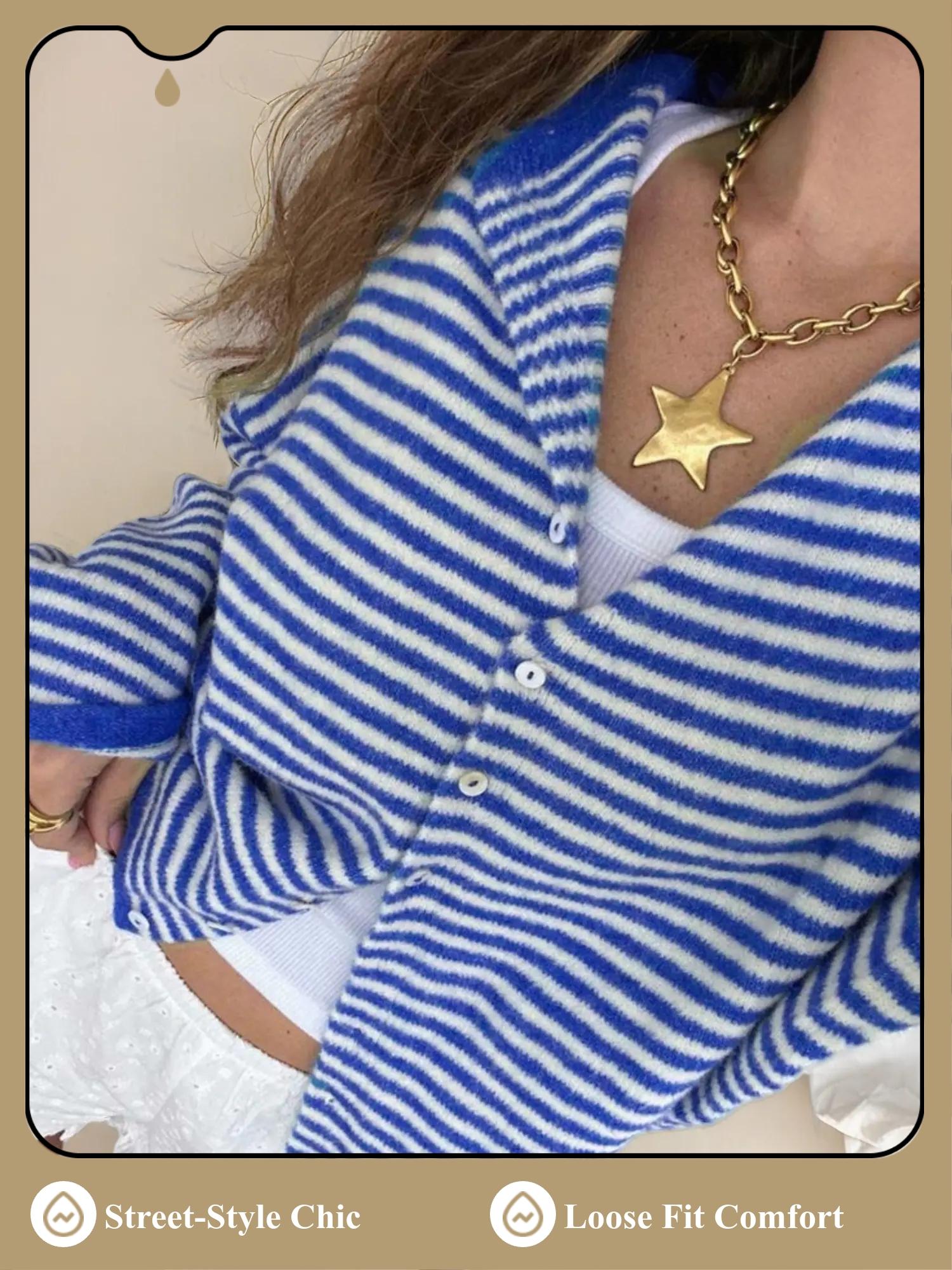 Women's Striped Knitted Sweater Cardigan, Casual Basic Knitwear Long Sleeve for Fall & Winter, Fashion Women's Knit Clothing for Daily Wear
