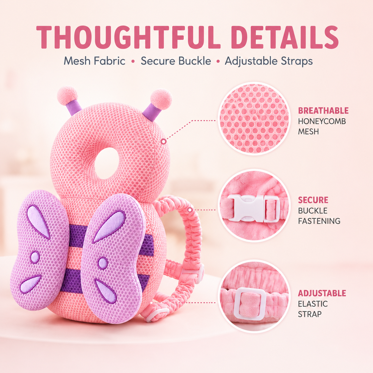 Baby wearing butterfly head protector cushion while playing