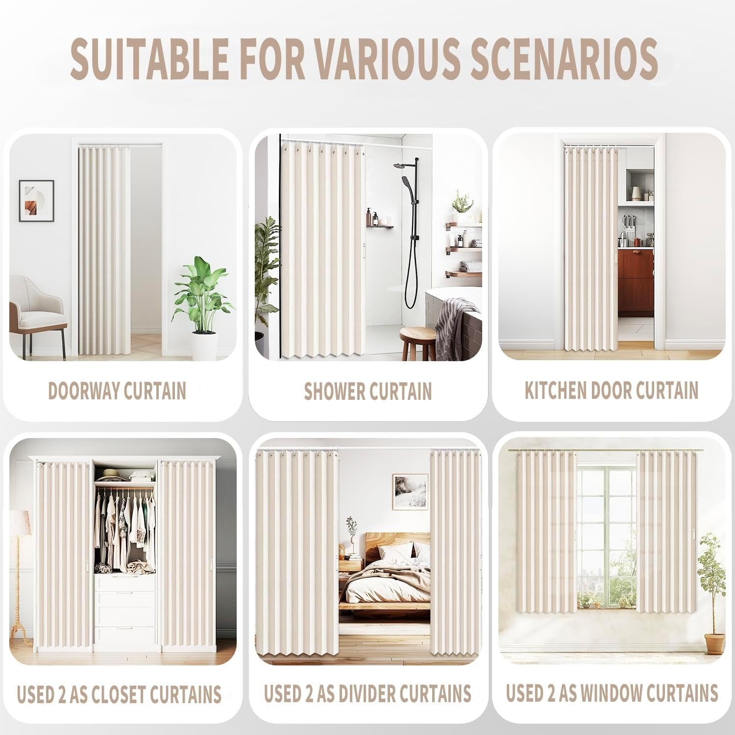 Pleated accordion curtain used in multiple household spaces