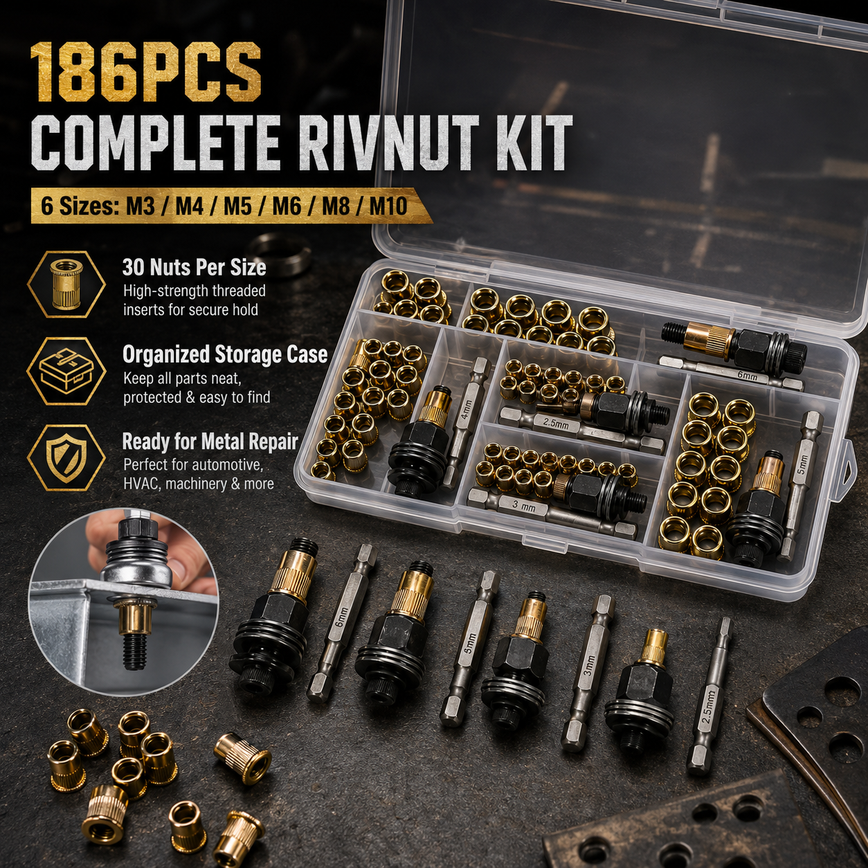 186 piece full rivet nut and mandrels assortment layout