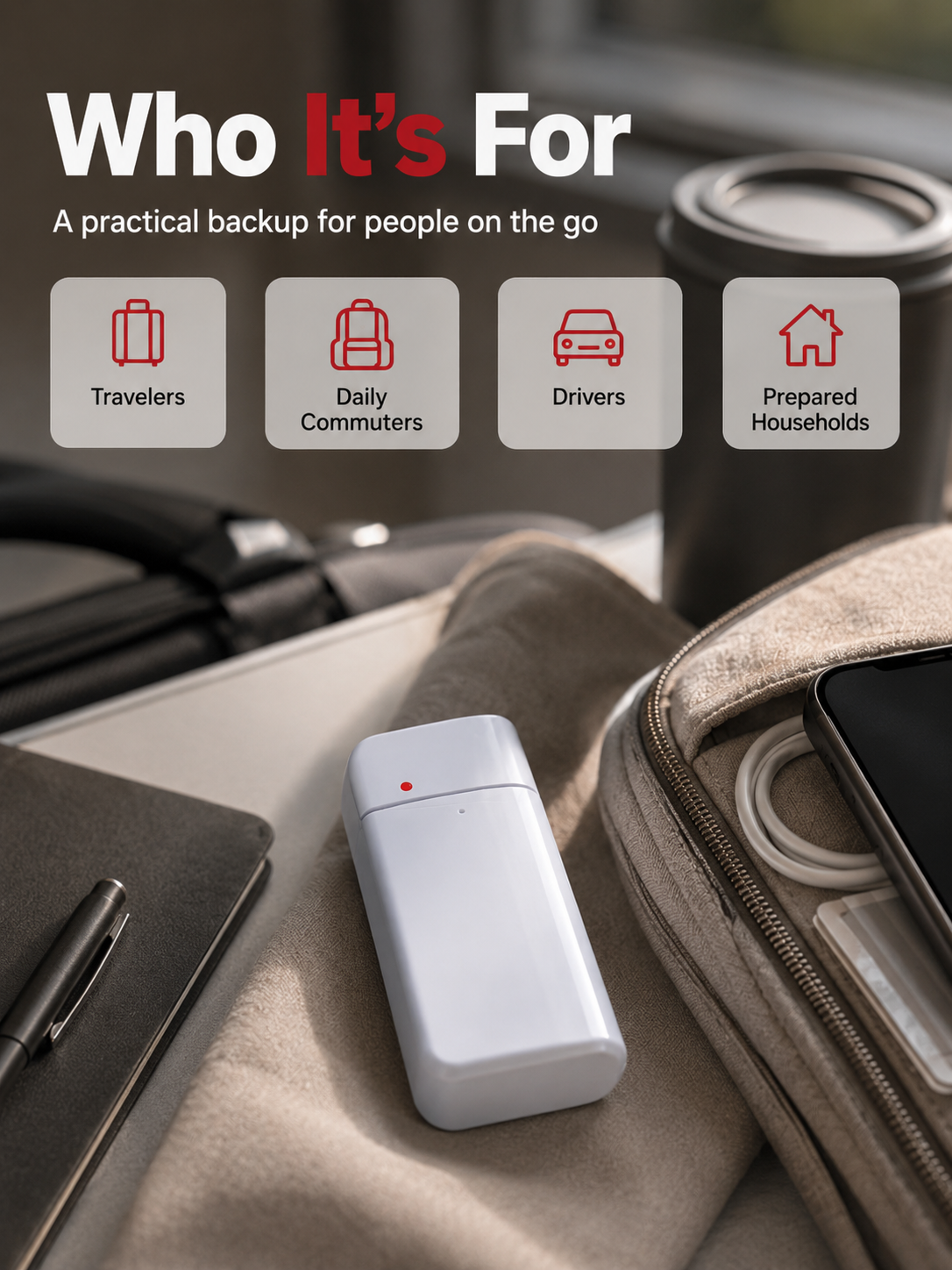 Diverse emergency usage scenarios including blackouts, travel, and camping