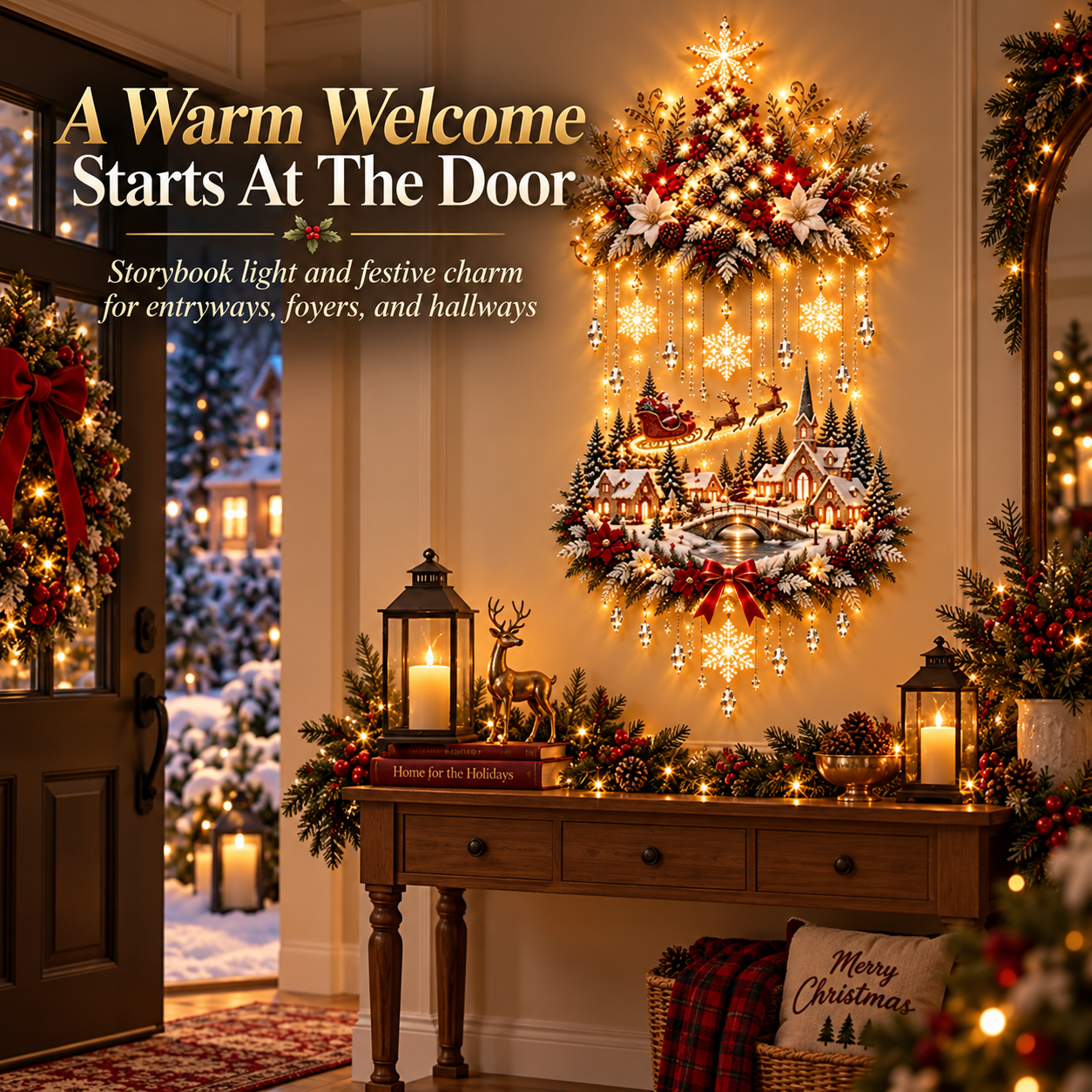 Christmas village wall hanging in entryway